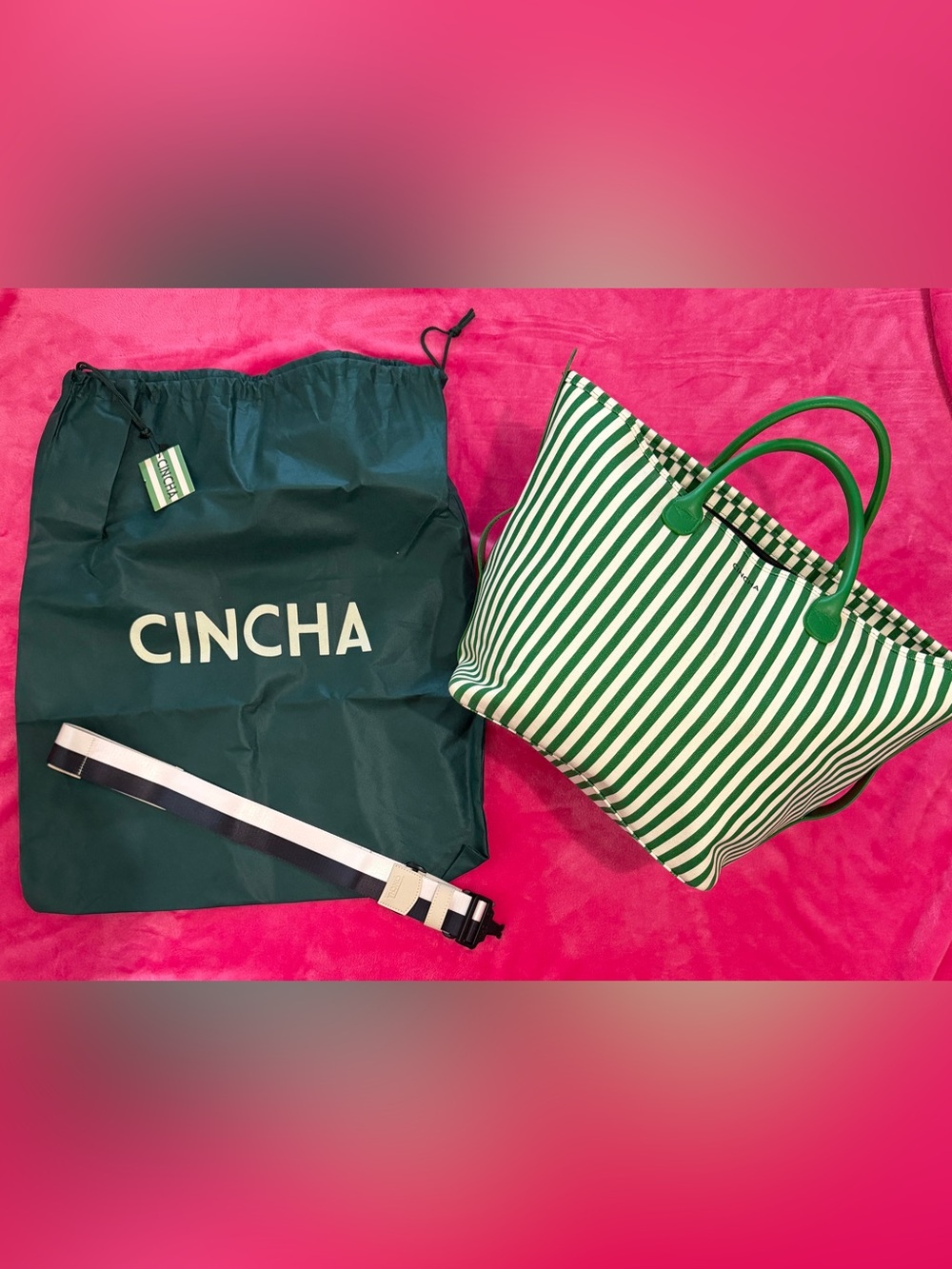 RARE CINCHA Green & White Stripe Travel Tote with FREE travel belt.